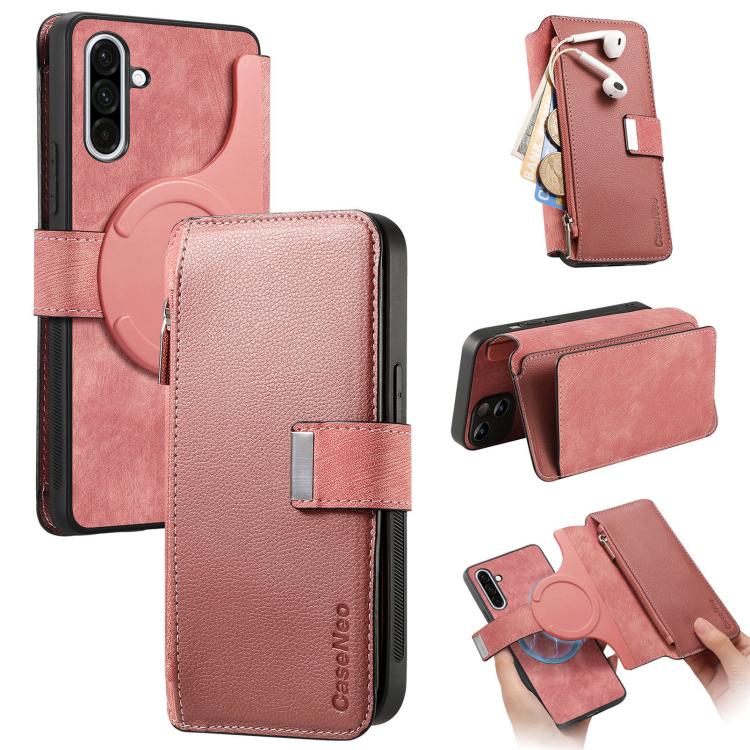 Funda Neo MagSafe RFID antirrobo con cremallera para Samsung Galaxy A56 5G, de cuero estilo retro (rosa)