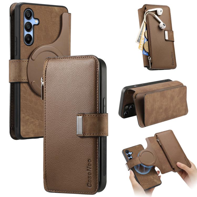 Funda Neo MagSafe RFID antirrobo con cremallera para Samsung Galaxy A16, estilo billetera de cuero retro (marrón)