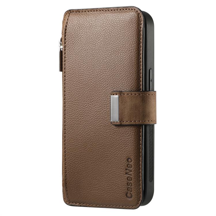 Funda Neo MagSafe RFID antirrobo con cremallera para Samsung Galaxy A16, estilo billetera de cuero retro (marrón)