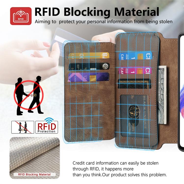 Funda Neo MagSafe RFID antirrobo con cremallera para Samsung Galaxy A16, estilo billetera de cuero retro (marrón)