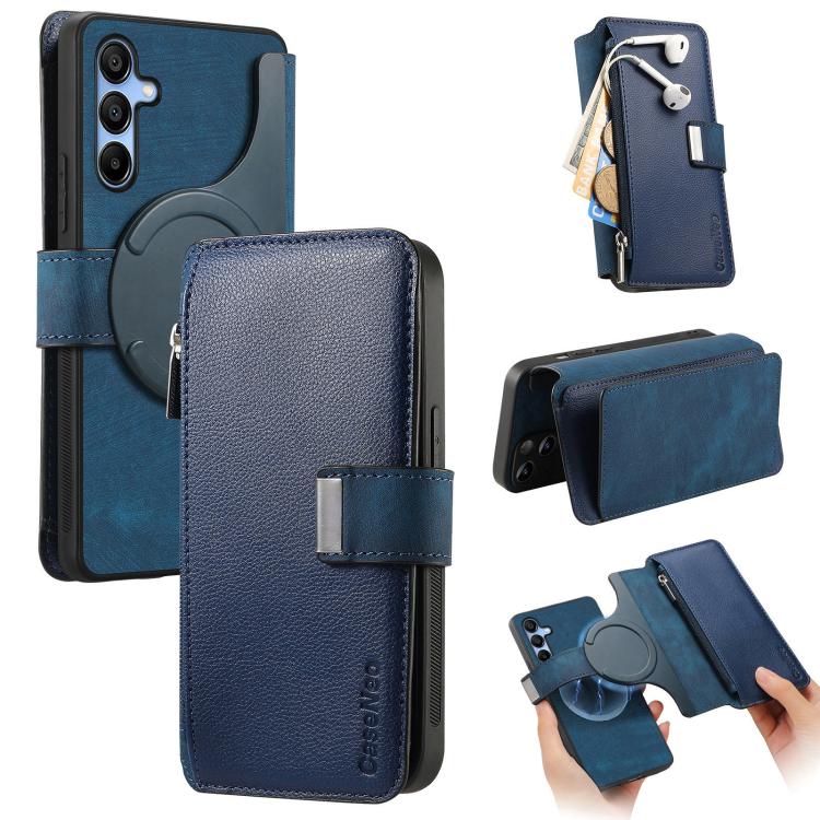 Funda Neo MagSafe RFID antirrobo con cremallera para Samsung Galaxy A16, de cuero estilo retro (azul)