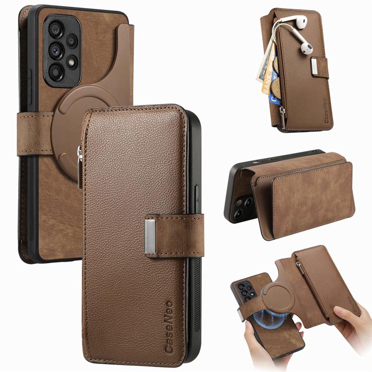 Funda Neo MagSafe RFID antirrobo con cremallera para Samsung Galaxy A53, de cuero estilo retro (marrón)
