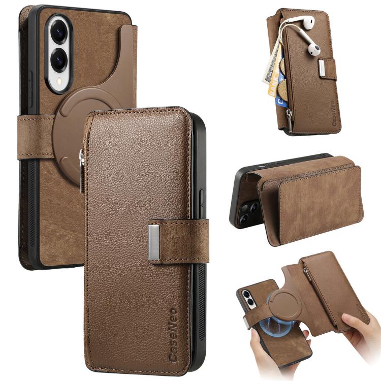 Funda Neo MagSafe RFID antirrobo con cremallera para Samsung Galaxy S25 Edge 5G, estilo cartera, de cuero retro (marrón)