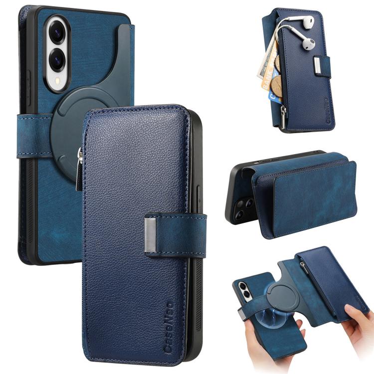 Funda Neo MagSafe RFID antirrobo con cremallera para Samsung Galaxy S25 Edge 5G, de cuero estilo retro (azul)