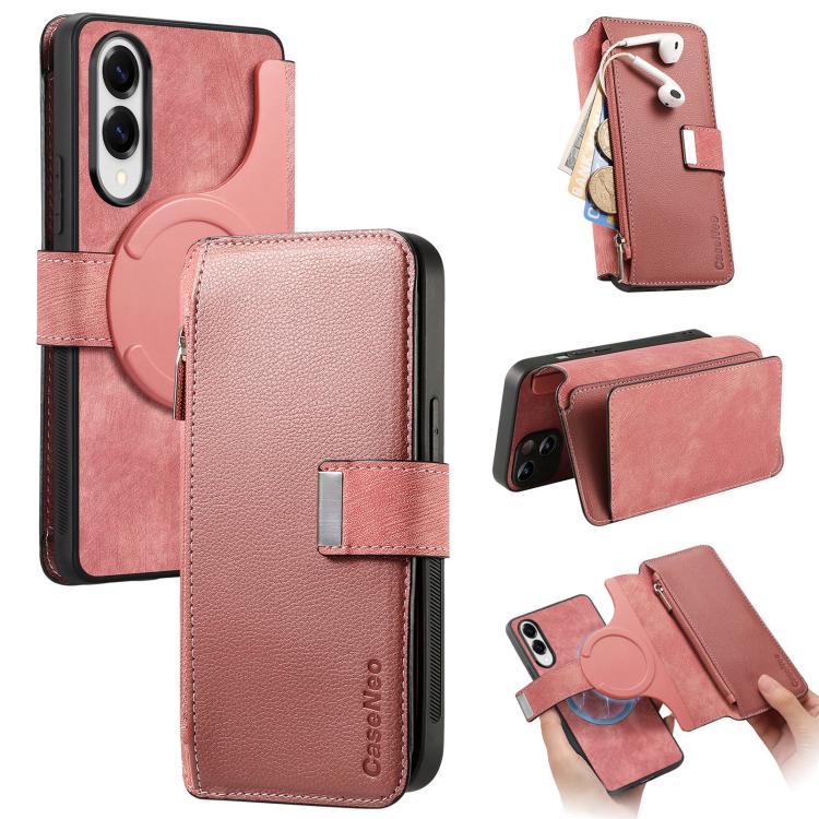 Funda Neo MagSafe RFID antirrobo con cremallera para Samsung Galaxy S25 Edge 5G, estilo retro, de cuero (rosa)