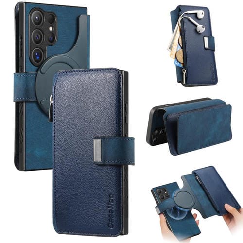 Funda Neo MagSafe RFID antirrobo con cremallera para Samsung Galaxy S25 Ultra 5G, de cuero estilo retro (azul)
