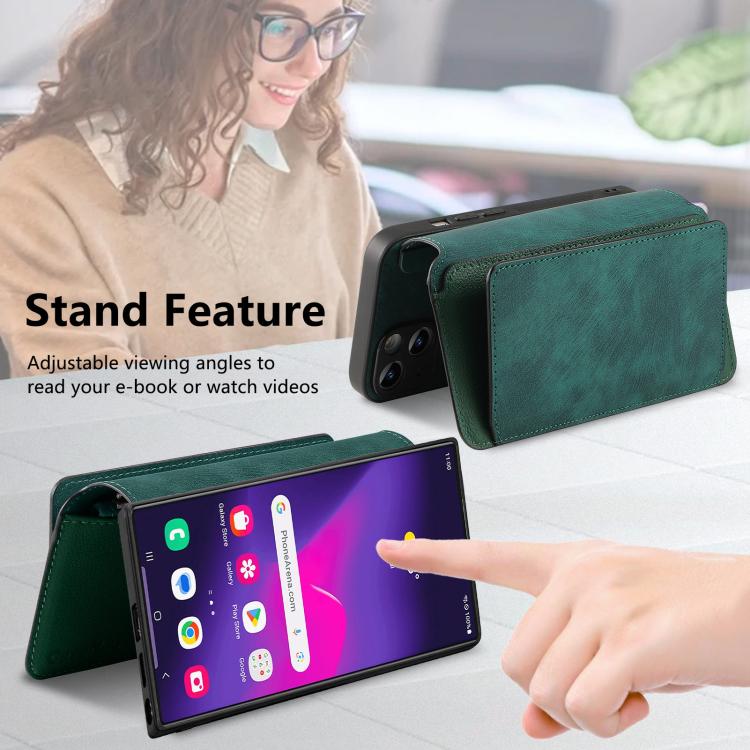 Funda Neo MagSafe RFID antirrobo con cremallera para Samsung Galaxy S25 Ultra 5G, de cuero estilo retro (verde)