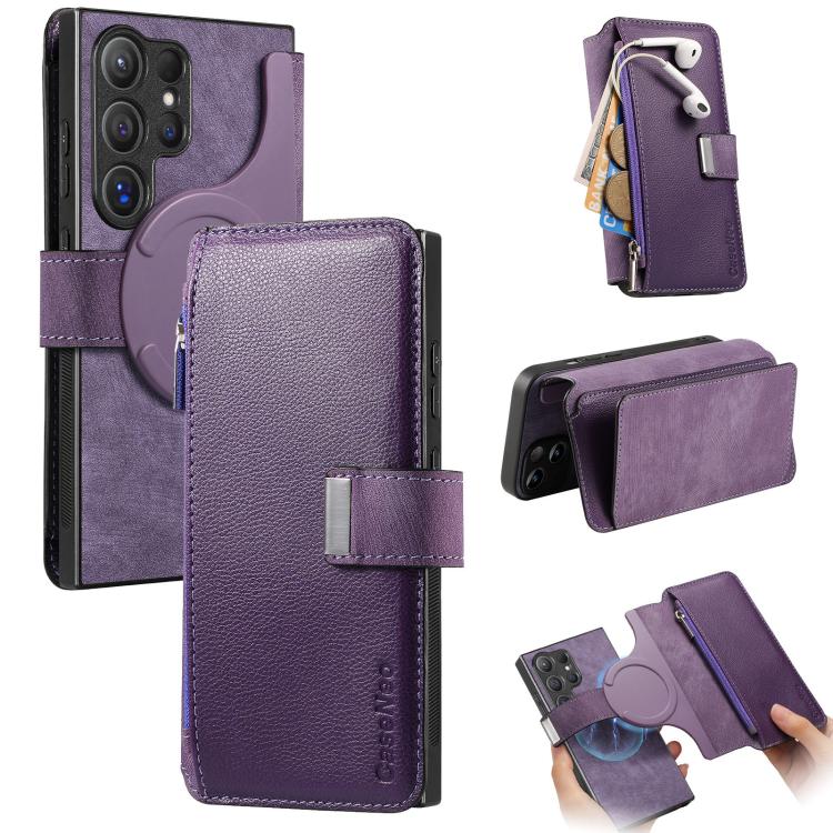 Funda Neo MagSafe RFID antirrobo con cremallera para Samsung Galaxy S25 Ultra 5G, estilo retro, de cuero (morado)