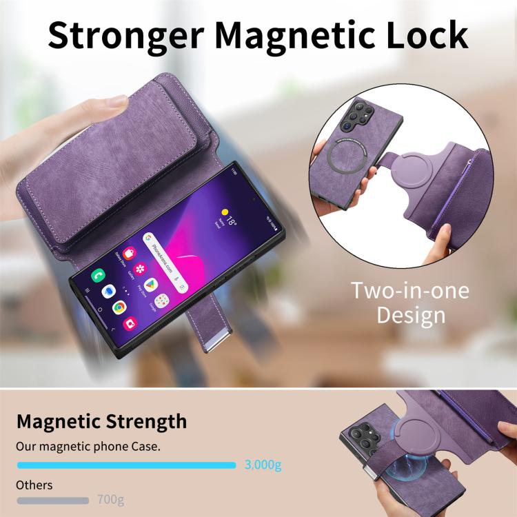 Funda Neo MagSafe RFID antirrobo con cremallera para Samsung Galaxy S25 Ultra 5G, estilo retro, de cuero (morado)
