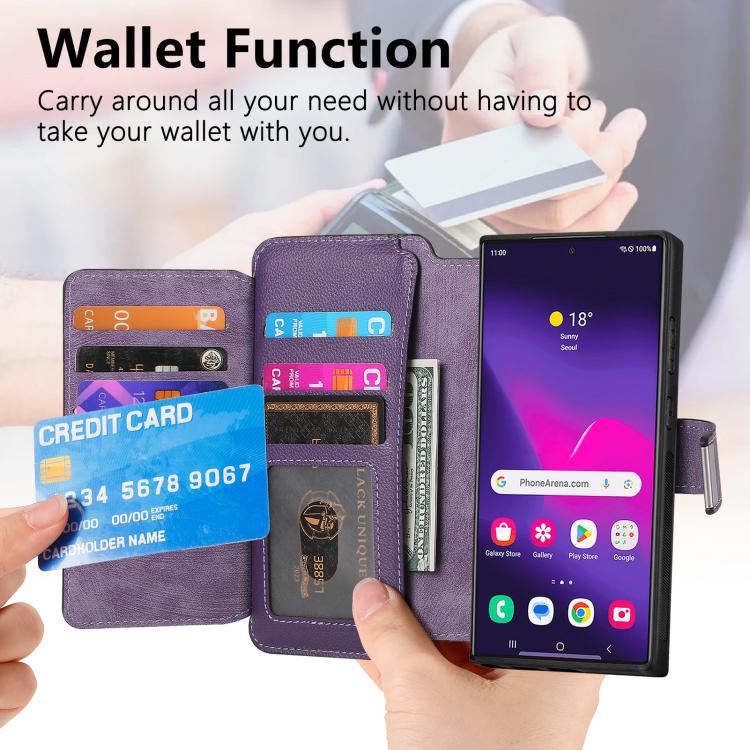 Funda Neo MagSafe RFID antirrobo con cremallera para Samsung Galaxy S25 Ultra 5G, estilo retro, de cuero (morado)