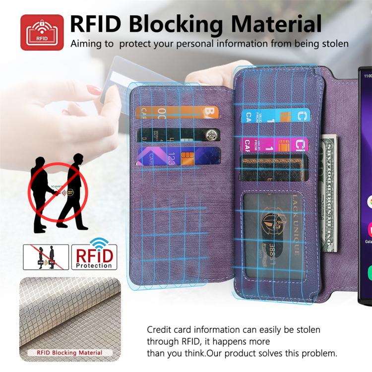 Funda Neo MagSafe RFID antirrobo con cremallera para Samsung Galaxy S25 Ultra 5G, estilo retro, de cuero (morado)