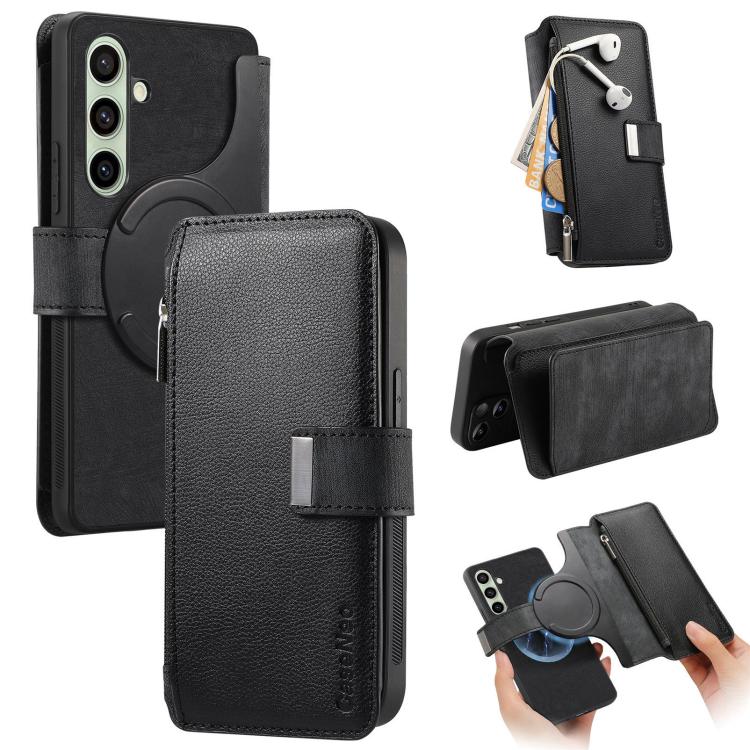Funda Neo MagSafe RFID antirrobo con cremallera para Samsung Galaxy S24 FE 5G, de cuero estilo retro (negra)