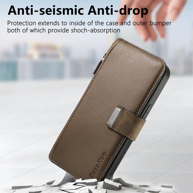 Funda Neo MagSafe RFID antirrobo con cremallera para Samsung Galaxy S24 FE 5G, estilo billetera de cuero retro (marrón)