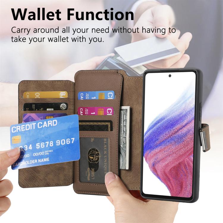 Funda Neo MagSafe RFID antirrobo con cremallera para Samsung Galaxy S24 FE 5G, estilo billetera de cuero retro (marrón)