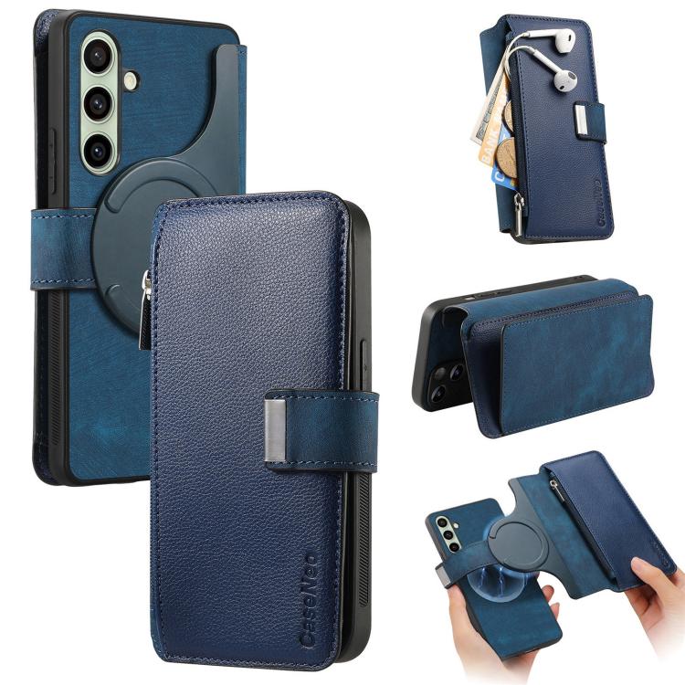 Funda Neo MagSafe RFID antirrobo con cremallera para Samsung Galaxy S24 FE 5G, estilo retro, de cuero (azul)