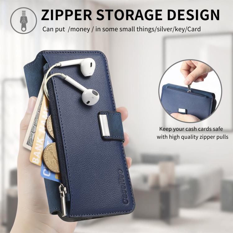 Funda Neo MagSafe RFID antirrobo con cremallera para Samsung Galaxy S24 FE 5G, estilo retro, de cuero (azul)