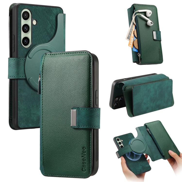 Funda Neo MagSafe RFID antirrobo con cremallera para Samsung Galaxy S24 FE 5G, de cuero estilo retro (verde)