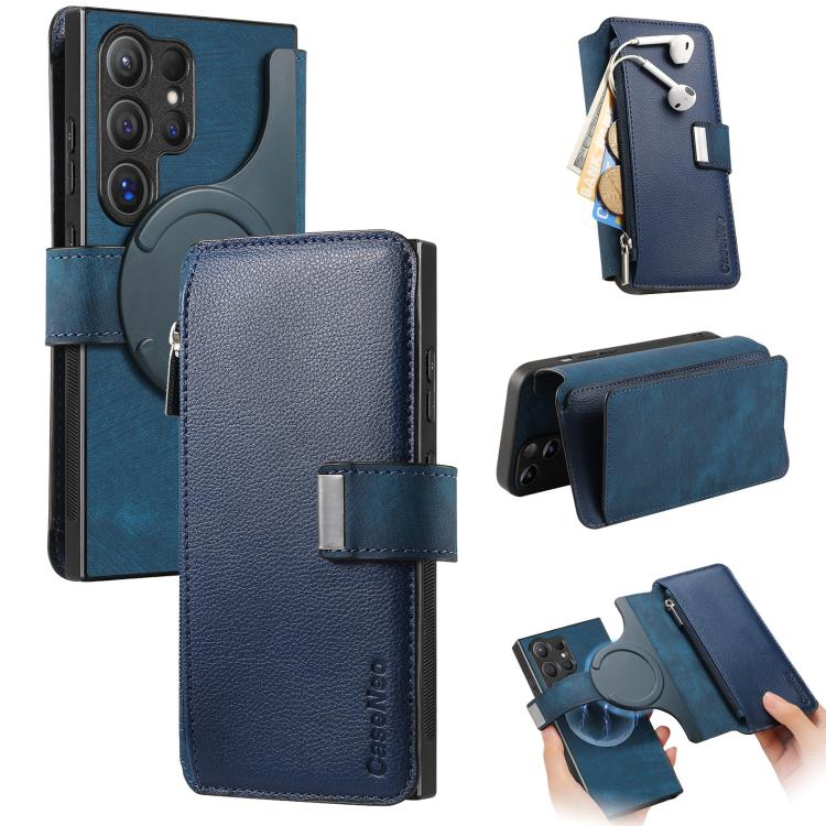 Funda Neo MagSafe RFID antirrobo con cremallera para Samsung Galaxy S24 Ultra 5G, de cuero estilo retro (azul)