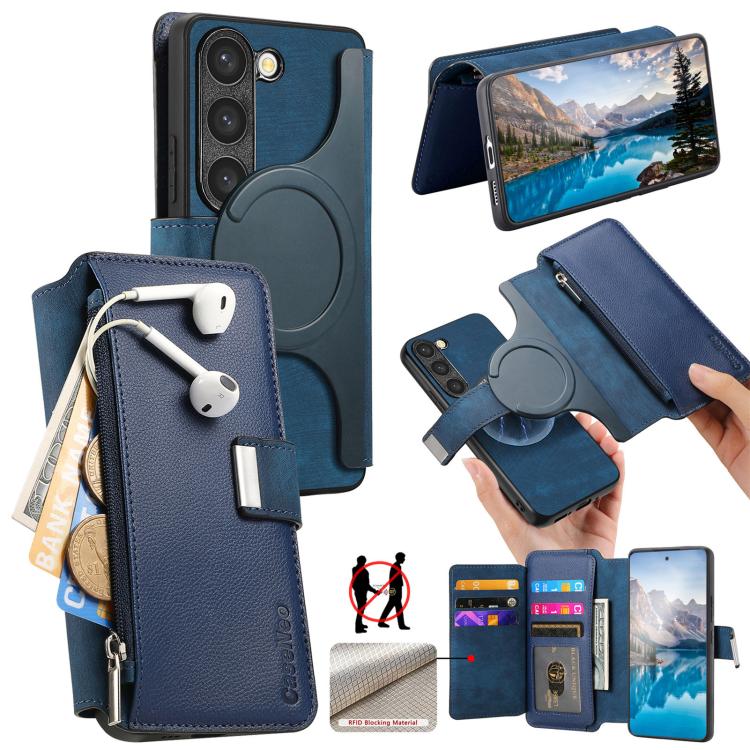 Funda Neo MagSafe RFID antirrobo con cremallera para Samsung Galaxy S23 5G, de cuero estilo retro (azul)