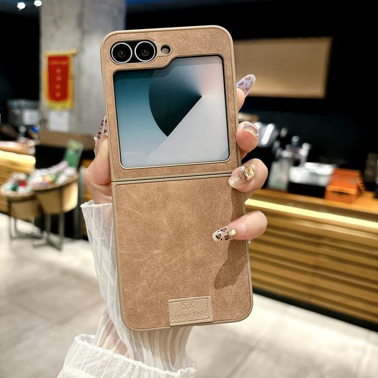 Funda de piel de cordero y corcho para Samsung Galaxy Z Flip6 5G, color marrón (borde marrón)