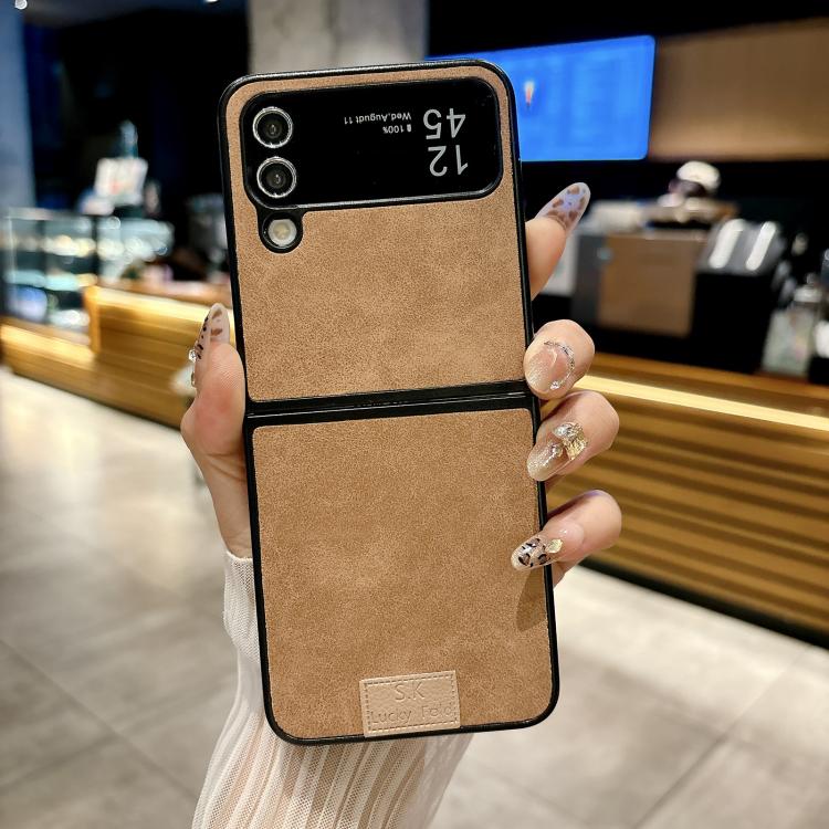Funda de piel de cordero y corcho para Samsung Galaxy Z Flip4 5G, color marrón (borde negro)