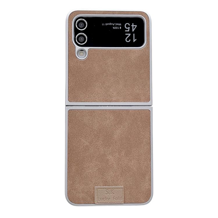 Funda de piel de cordero y corcho para Samsung Galaxy Z Flip4 5G, color marrón (borde plateado)
