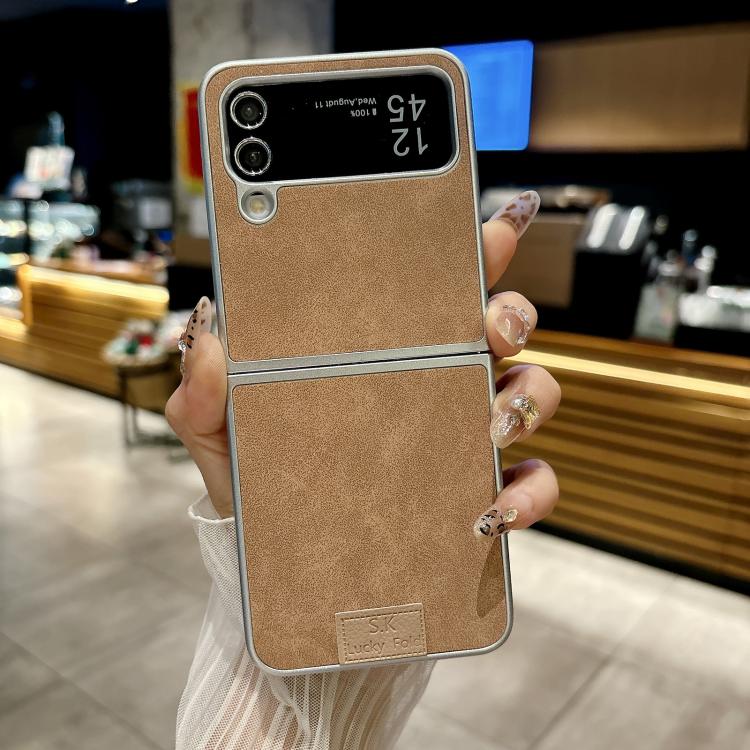 Funda de piel de cordero y corcho para Samsung Galaxy Z Flip4 5G, color marrón (borde plateado)