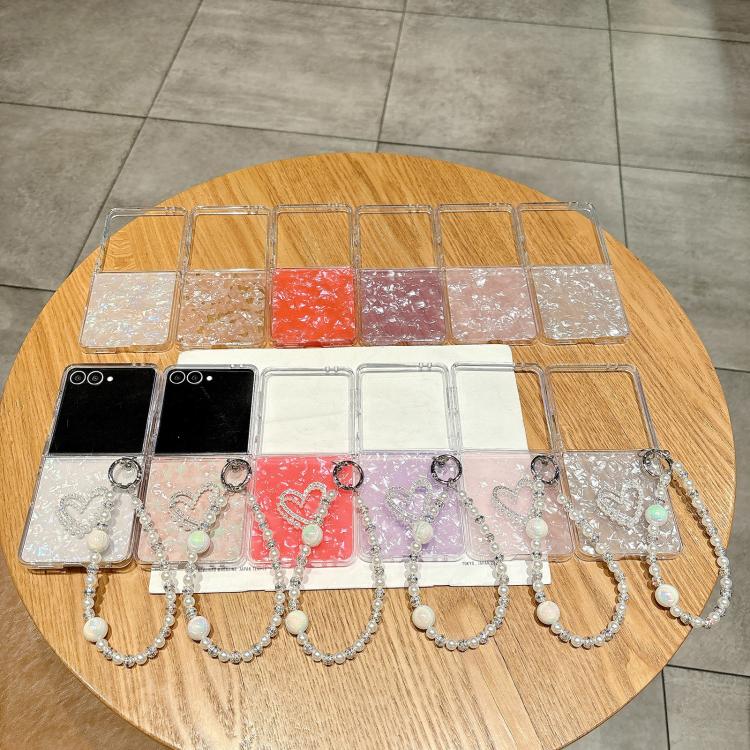 Funda para Samsung Galaxy Z Flip7 5G con textura perlada y patrón de corazón, con pulsera (roja)