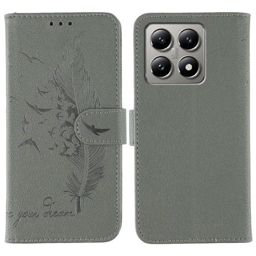 Funda de cuero con textura de lichi y estampado de plumas para Xiaomi 14T (gris)