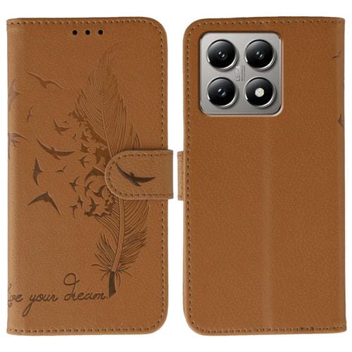 Funda de cuero con textura de lichi y estampado de plumas para Xiaomi 14T (marrón)