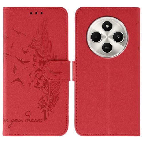 Funda de cuero con textura de lichi y estampado de plumas para Xiaomi Poco C75 4G (roja)