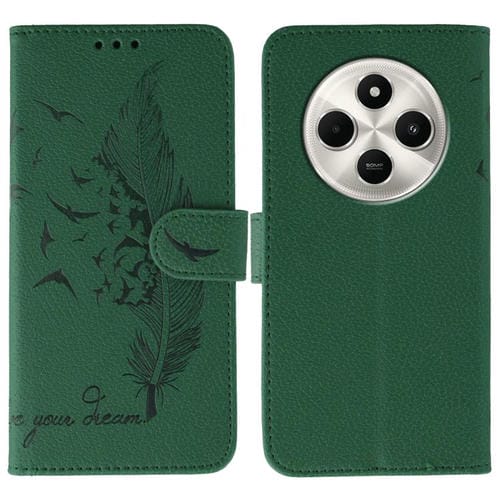 Funda de cuero con textura de lichi y estampado de plumas para Xiaomi Poco C75 4G (verde)