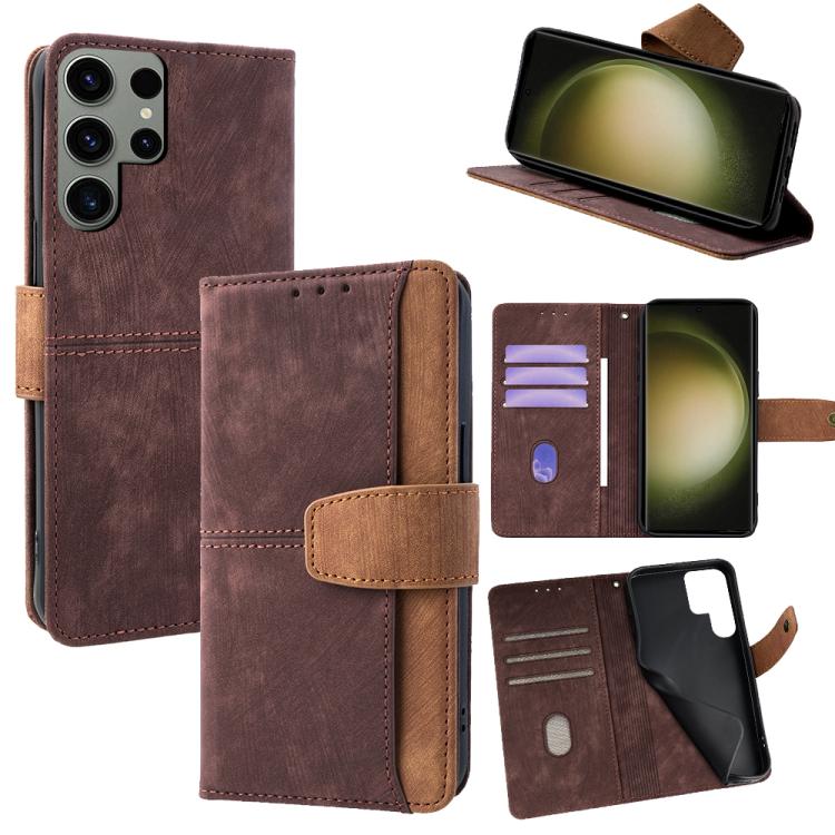 Funda de cuero con costuras de color y bloqueo RFID para Samsung Galaxy S23 Ultra 5G (marrón)