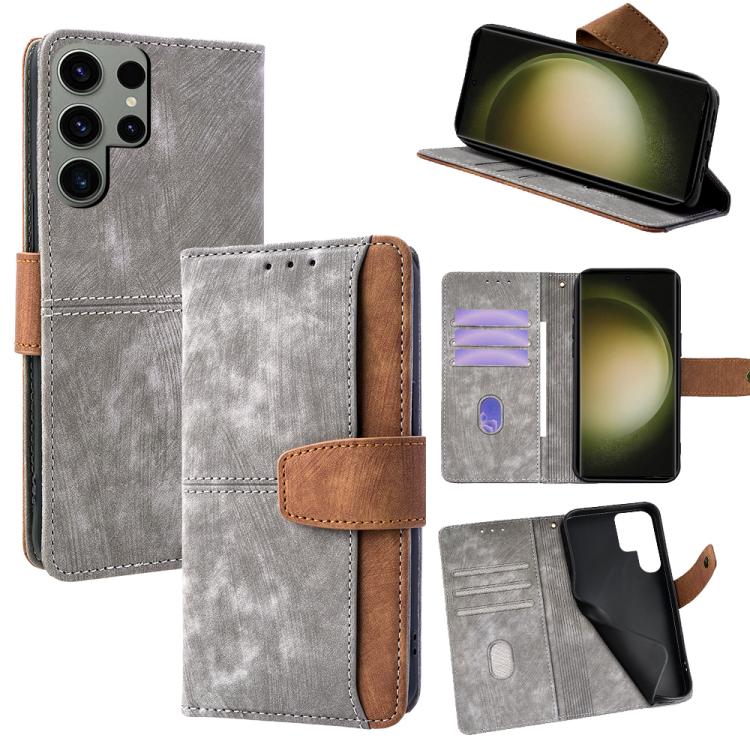Funda de cuero con costuras de color y bloqueo RFID para Samsung Galaxy S23 Ultra 5G (gris)
