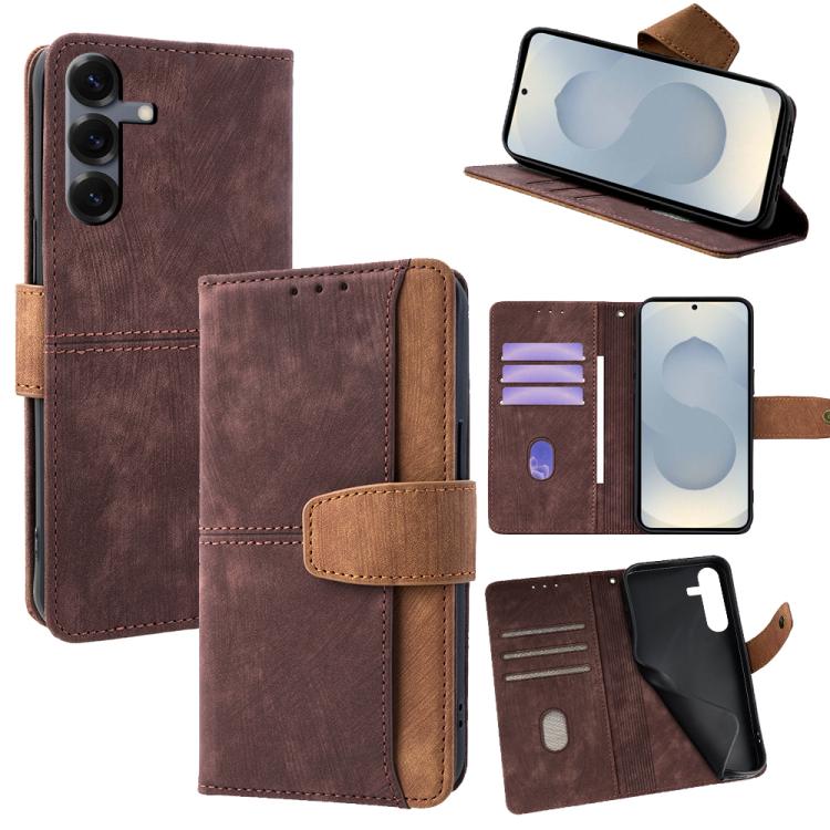 Funda de cuero con costuras de color y bloqueo RFID para Samsung Galaxy S25 5G (marrón)