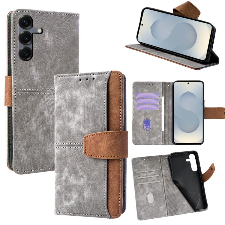 Funda de cuero con costuras de color y bloqueo RFID para Samsung Galaxy S25+ 5G (gris)