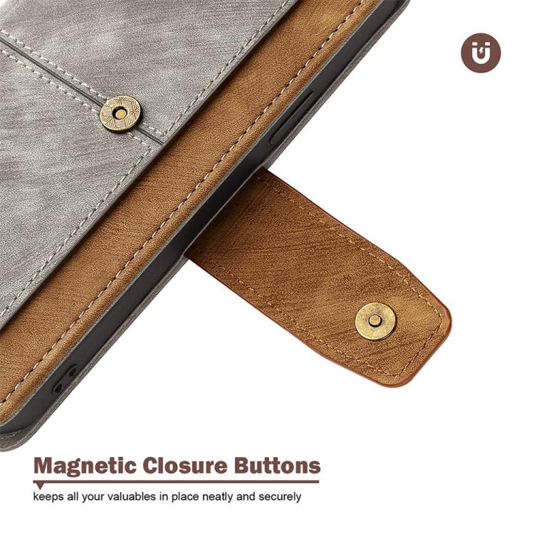 Funda de cuero con costuras de color y bloqueo RFID para Samsung Galaxy S25+ 5G (gris)