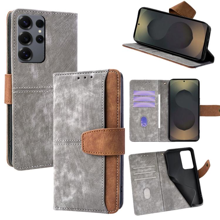 Funda de cuero con costuras de color y bloqueo RFID para Samsung Galaxy S25 Ultra 5G (gris)