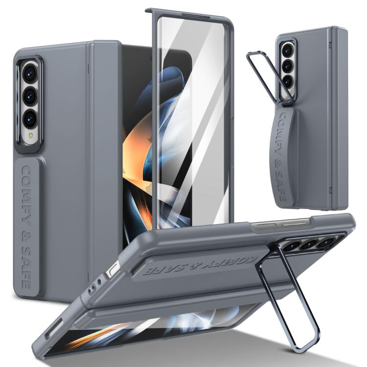 Funda para teléfono con soporte para lente integrada y correa para Samsung Galaxy Z Fold4 (gris)