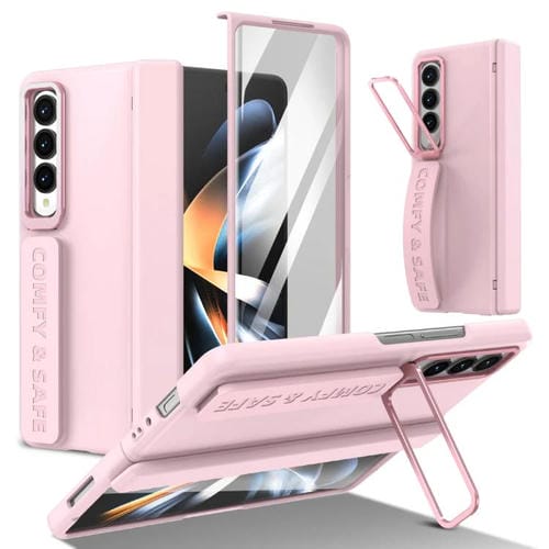 Funda para Samsung Galaxy Z Fold4 con marco de lente integrado y correa para la muñeca (rosa)