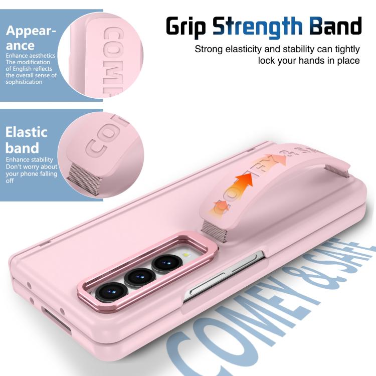 Funda para Samsung Galaxy Z Fold4 con marco de lente integrado y correa para la muñeca (rosa)
