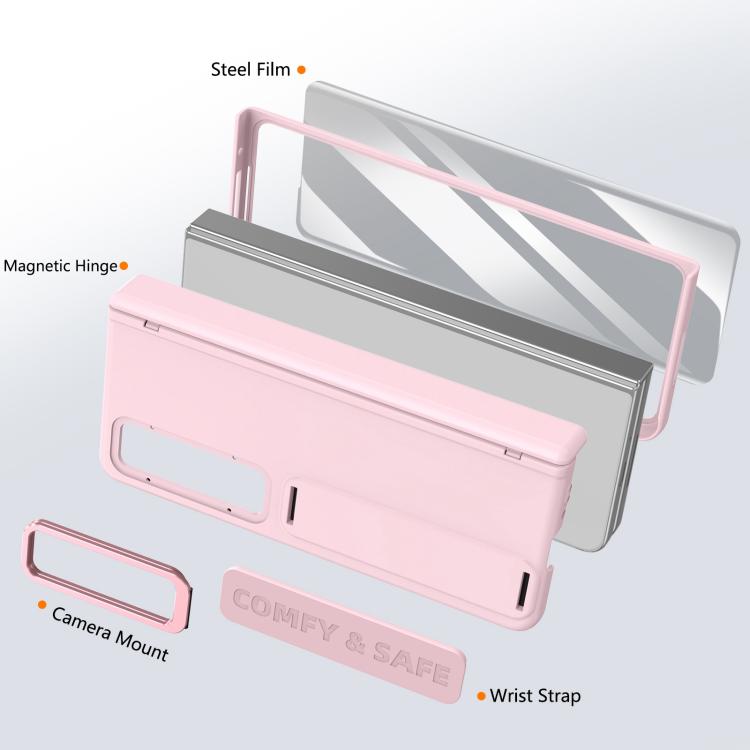 Funda para Samsung Galaxy Z Fold4 con marco de lente integrado y correa para la muñeca (rosa)