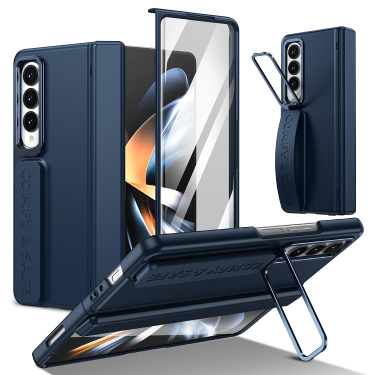 Funda para teléfono con soporte para lente integrada y correa para Samsung Galaxy Z Fold4 (azul oscuro)