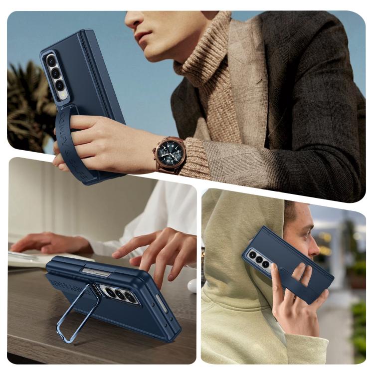 Funda para teléfono con soporte para lente integrada y correa para Samsung Galaxy Z Fold4 (azul oscuro)