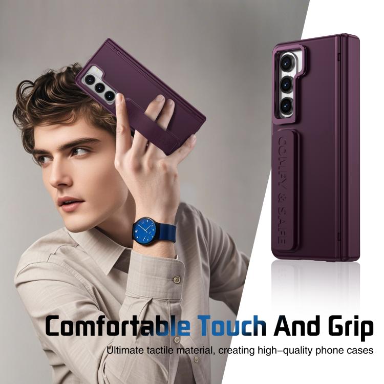 Funda para teléfono con soporte para lente integrada y correa para Samsung Galaxy Z Fold5 (rojo vino)