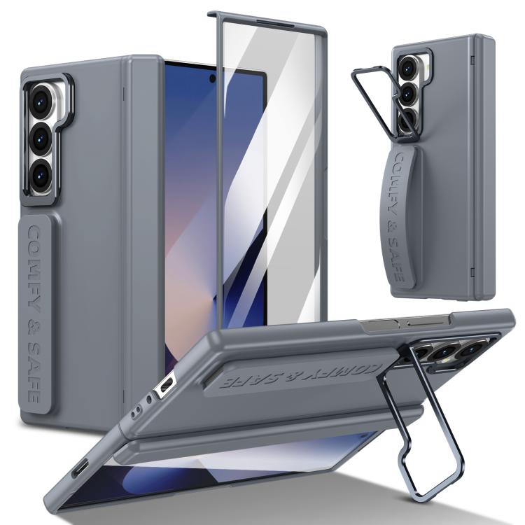 Funda para teléfono con marco de lente integrado y correa para Samsung Galaxy Z Fold6 (gris)