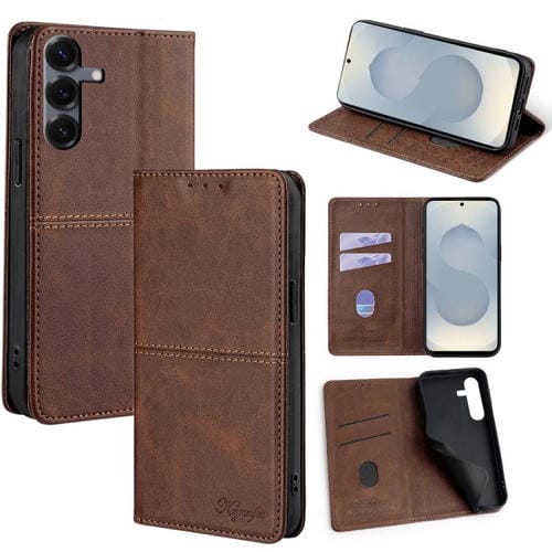Funda magnética de cuero con textura de vaca para Samsung Galaxy S25 5G (marrón oscuro)