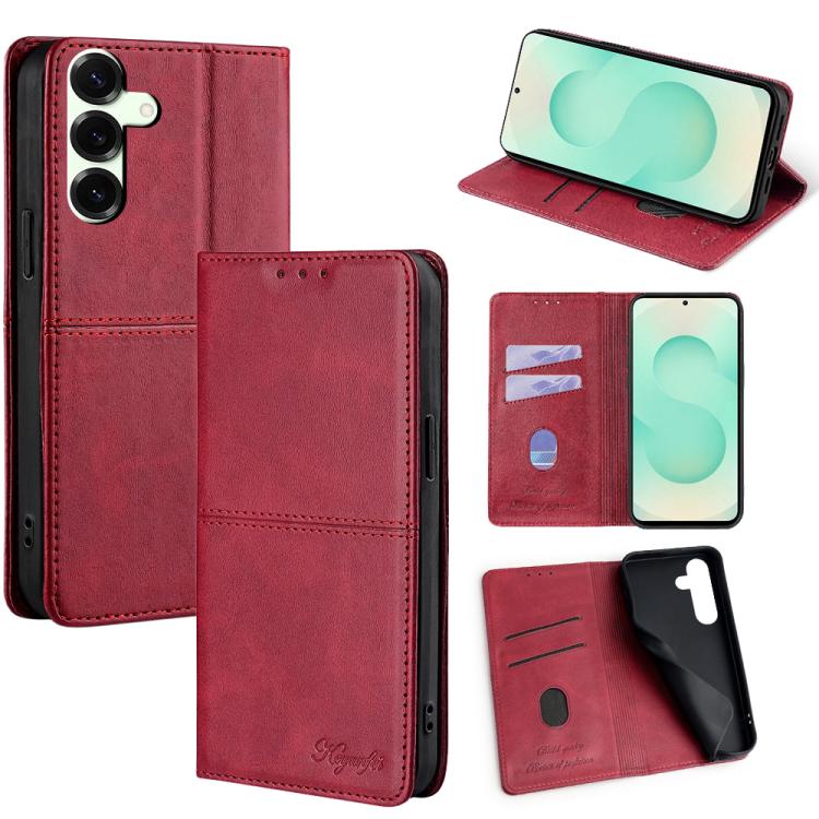 Funda magnética de cuero con textura de vaca para Samsung Galaxy S25+ 5G (roja)