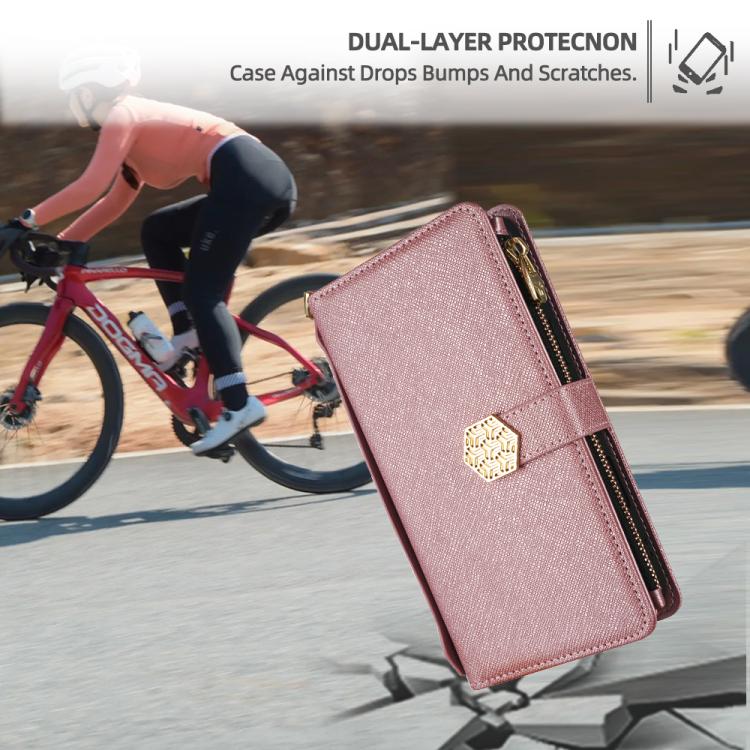 Funda de cuero con textura cruzada y asa cruzada para Samsung Galaxy S25+ 5G (oro rosa)