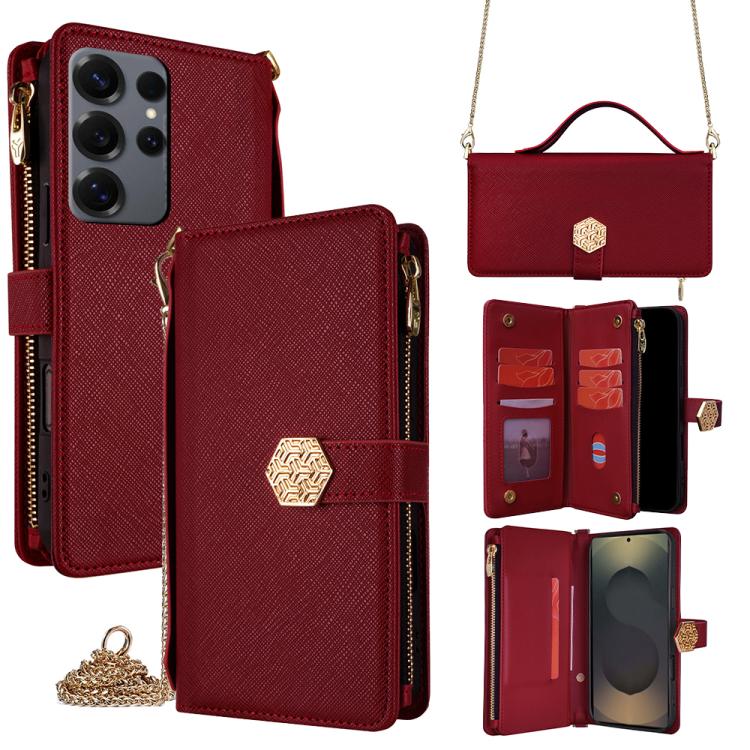 Funda de cuero con textura cruzada y asa cruzada para Samsung Galaxy S25 Ultra 5G (roja)